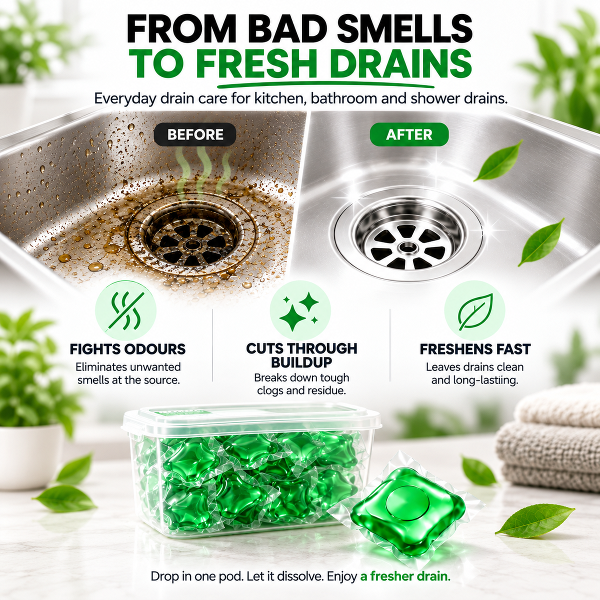 Drain deodorizing capsules – instant freshness